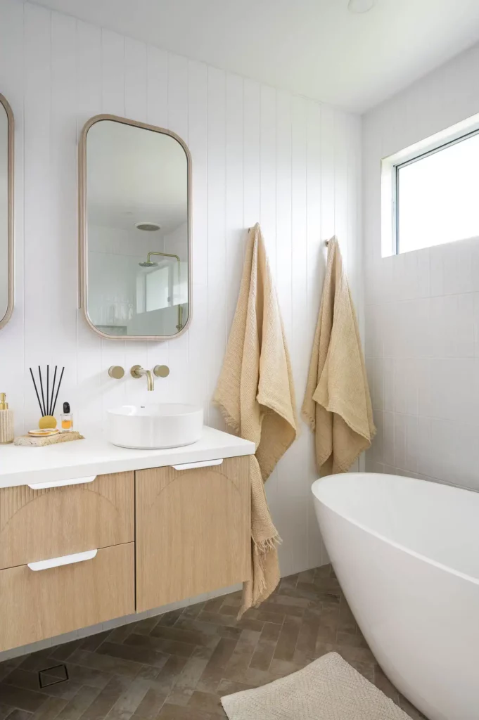 white bathroom with brown tones